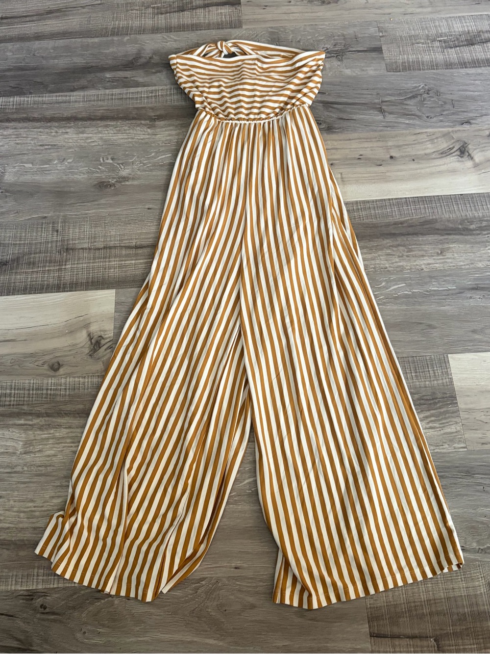 American Eagle NWT Striped Mustard & White Strapless Wide-Leg Jumpsuit